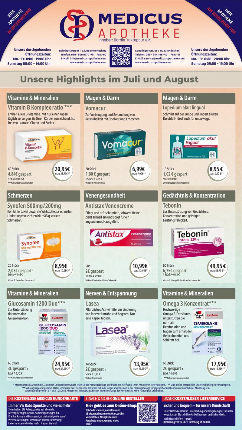 Monatlicher Angebotsflyer der Apotheke mit Informationen zu Öffnungszeiten, Leistungen, Aktionen und wechselnden Produktangeboten aus Bereichen wie Gesundheit, Pflege und Selbstmedikation.